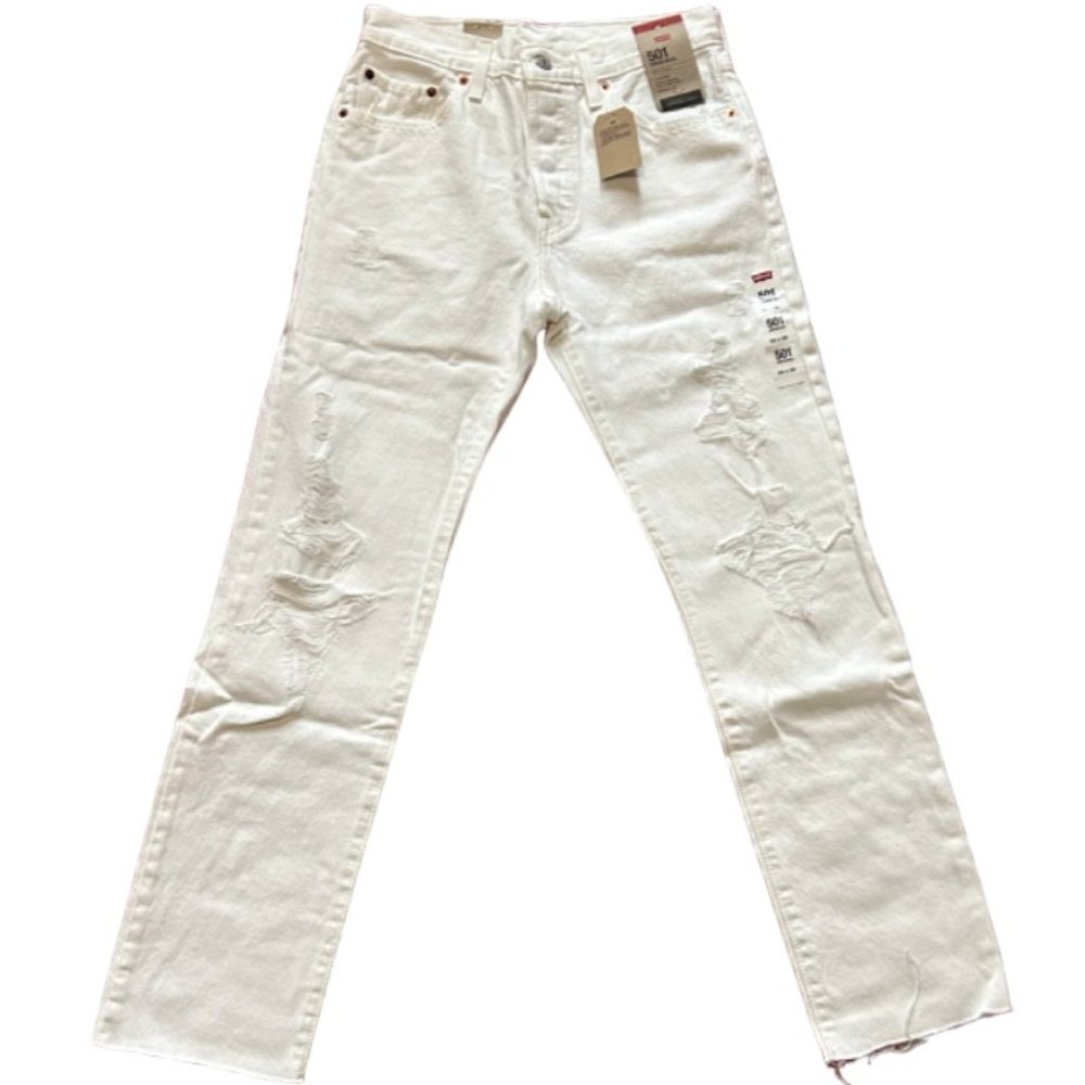 LEVI'S 501 Original Distressed White High Rise Straight Leg Jean Size 26x30